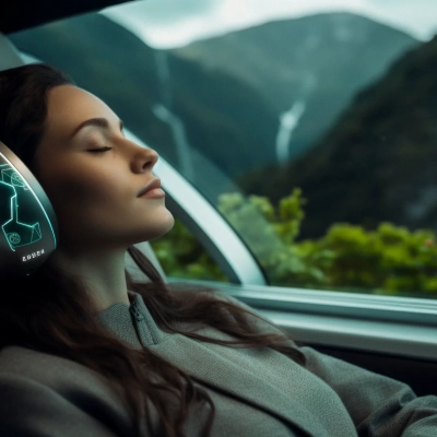 seorang gadis cantik duduk di dalam mobil penumpang, bersandar memejamkan mata dan memakai headphone seorang gadis cantik duduk di dalam mobil penumpang, bersandar memejamkan mata dan memakai headphone